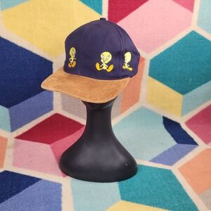 Vintage Warner Bros Tweety Bird Snapback Hat Navy Blue Tan Suede Brim USA Made